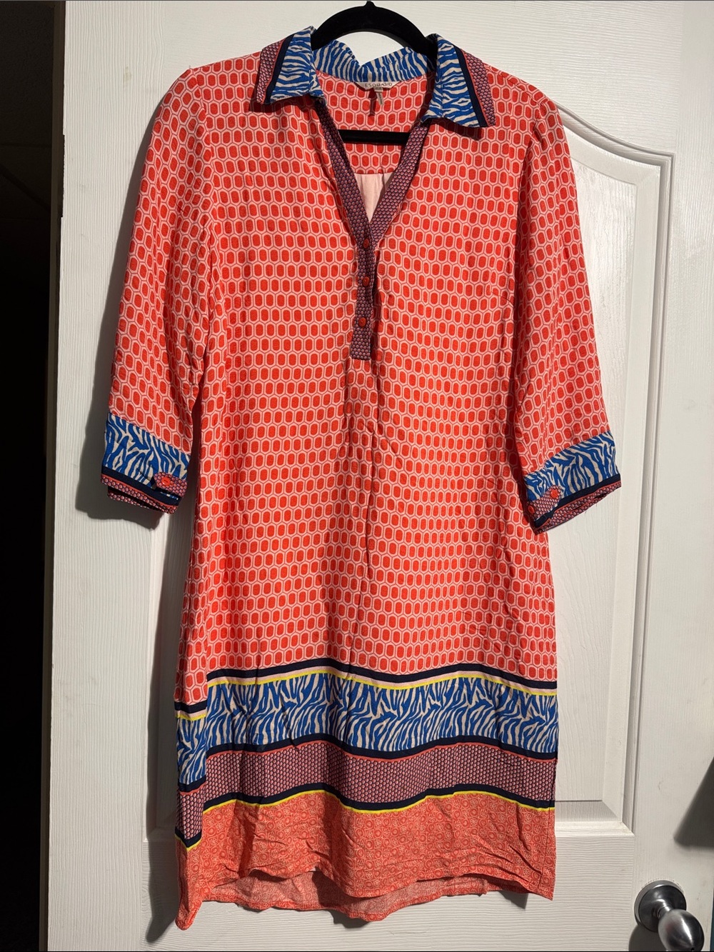 EsQualo  Patterned Tunic Dress US 6 Coral & Blue Boho Statement Dress Art To Wea